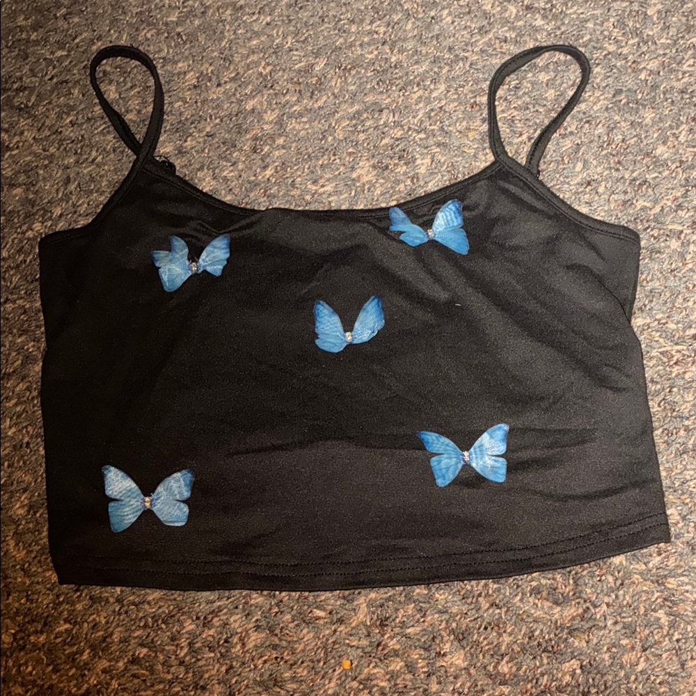 Black Crop Top with Blue Butterfly Design
